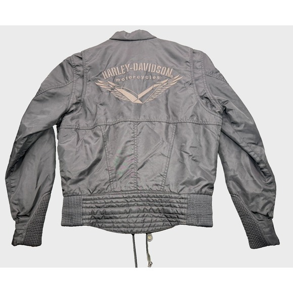Harley-Davidson Jackets & Blazers - Harley-Davidson Womens Small Black Nylon Moto Bomber Jacket Orange Lining